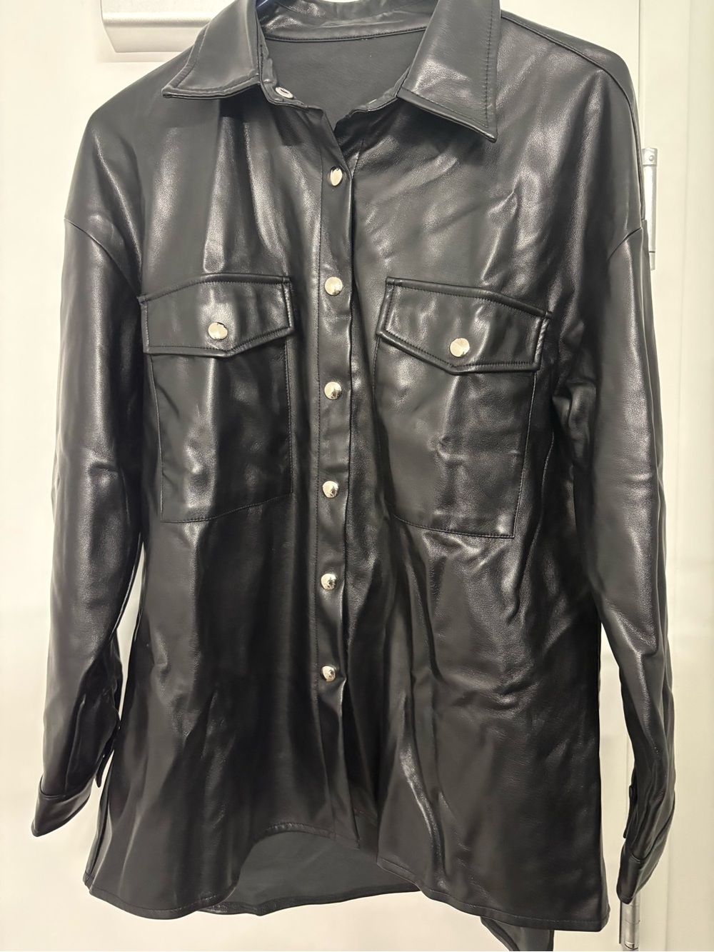 Black Faux Leather Button-Front Shirt Jacket